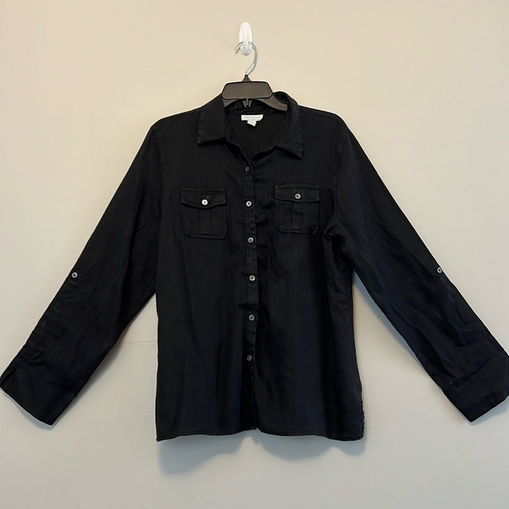 Charter Club Black Button Shirt Convertible‎ Sleeves 100% Linen Size 16